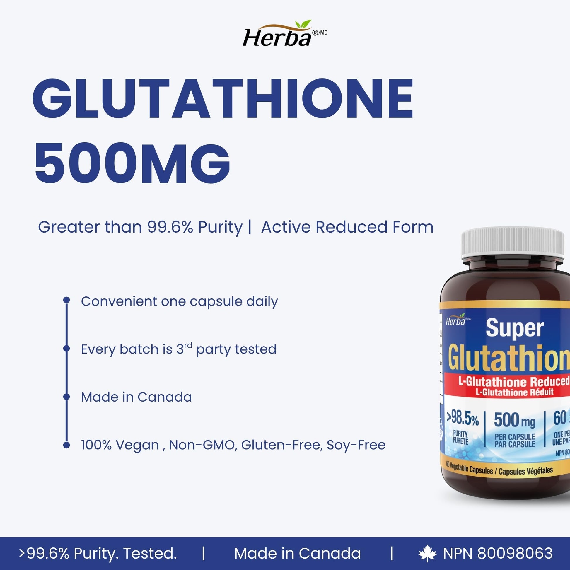 Herba Glutathione Supplement 500mg - 60 Vegetable Capsules | L Glutathione Reduced Active Form | Super Glutathione 500mg Capsule for Antioxidants | >98.5% Purity | Made in Canada - Available at All In One Marketplace Canada