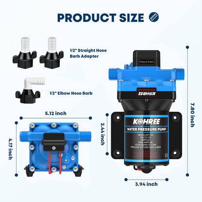 Kohree 12V RV Water Pump 4GPM 55 PSI, Self-Priming 4-Chamber Diaphragm Pump