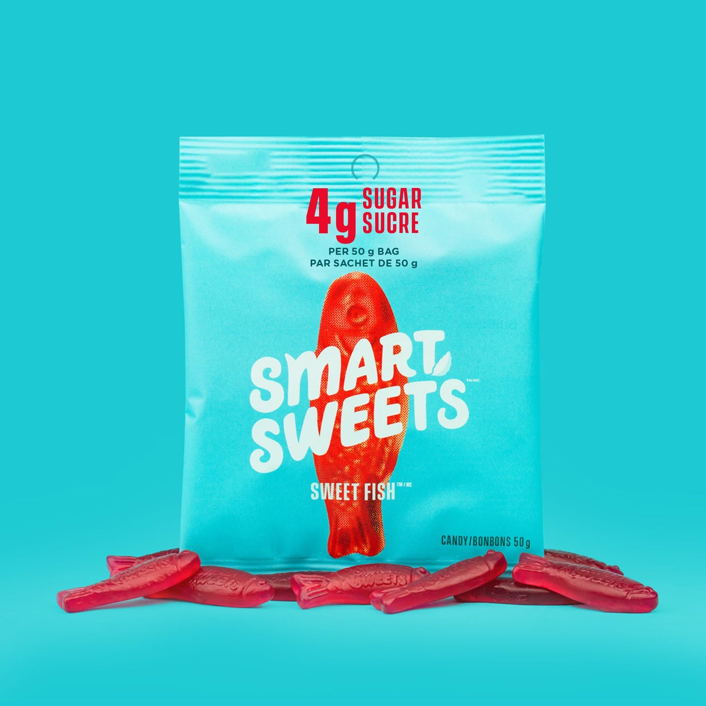 SmartSweets Sweet Fish Gummy Candy - Low Sugar, Stevia Sweetened, 12 Pack (50g each)