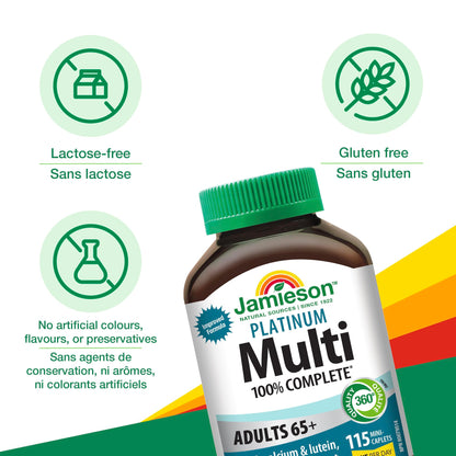 Jamieson 100% Complete Multivitamin Platinum for Adults 65+, 115 Mini Caplets. With Lycopene, Lutein and Additional Immune Support. Supports Energy, Eye Health, Bone, and Overall Health, One Per Day - Available at All In One Marketplace Canada