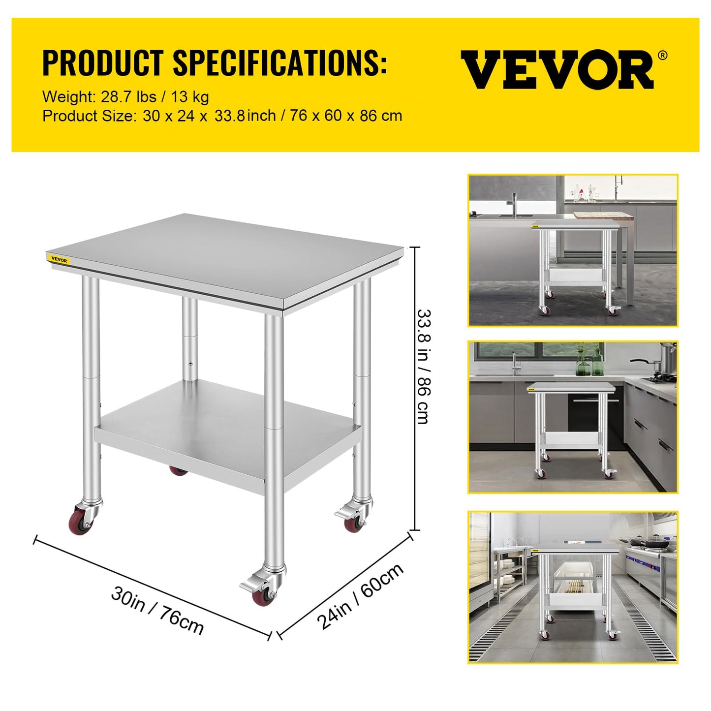 VEVOR Stainless Steel Work Table with Wheels 24 x 30 Prep Table with casters Heavy Duty Work Table for Commercial Kitchen Restaurant Business 🍁 All In One Marketplace Canada