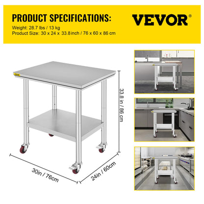 VEVOR Stainless Steel Work Table with Wheels 24 x 30 Prep Table with casters Heavy Duty Work Table for Commercial Kitchen Restaurant Business 🍁 All In One Marketplace Canada