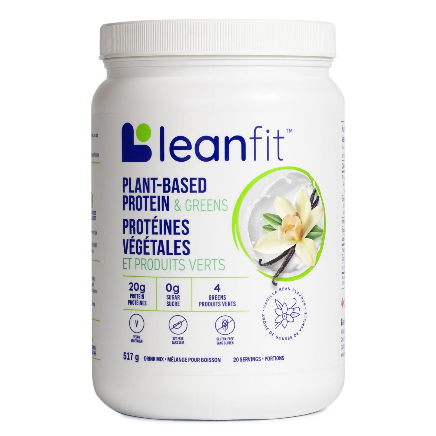 LEANFIT PLANT-BASED PROTEIN & GREENS Natural Vanilla – 20g Plant Protein + 4 Leafy Greens Per Serving – Vegan, Gluten-Free, Soy-Free, No Sugar - 20 Servings, 517g Tub