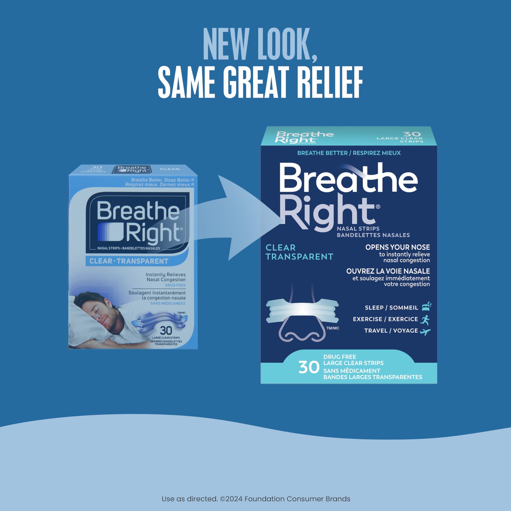 Breathe Right Nasal Strips, Original Large, Clear, Sensitive Skin, Drug-Free Snoring Solution & Nasal Congestion Relief Caused by Colds & Allergies, Nightly Sleep, 30 Count - Available at All In One Marketplace Canada