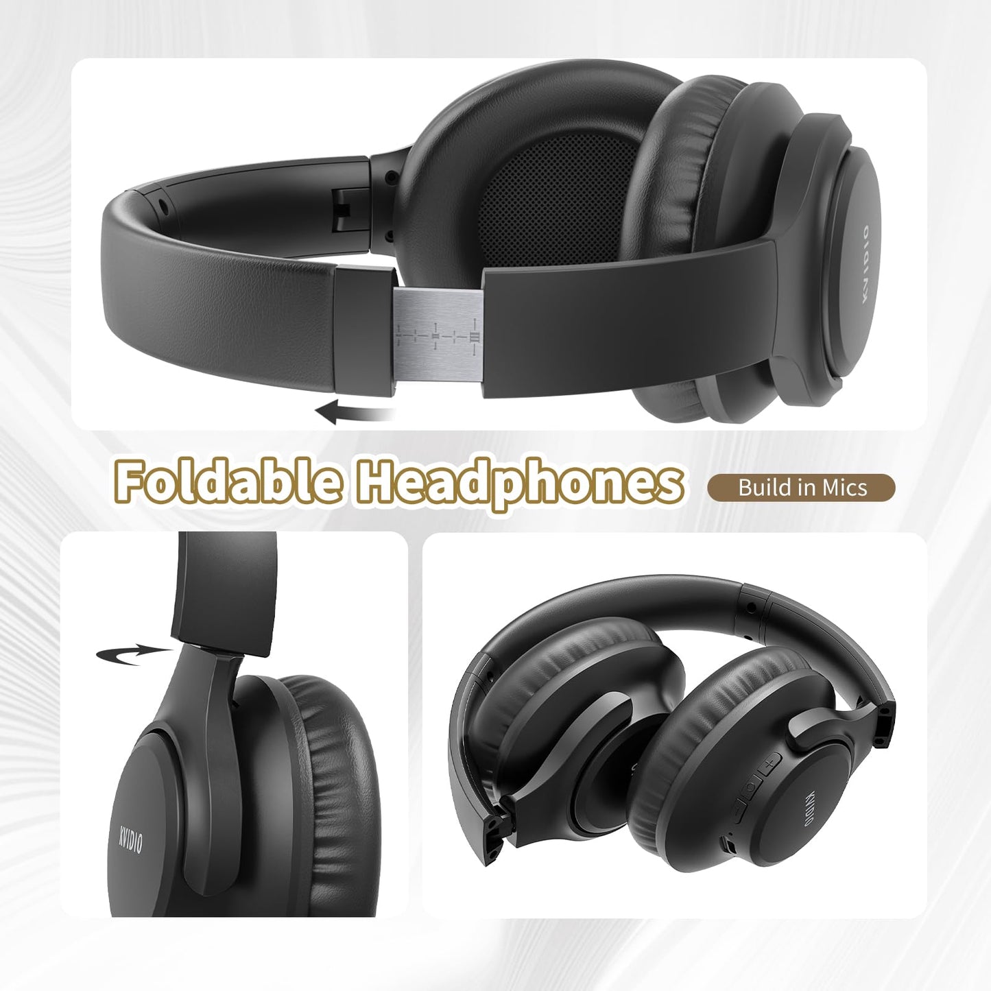 KVIDIO Bluetooth Headphones Over Ear, 65 Hours Wireless Headphones with Microphone, Foldable Lightweight HiFi Stereo Headset with Deep Bass Headphones for Travel Work Laptop PC Cellphone