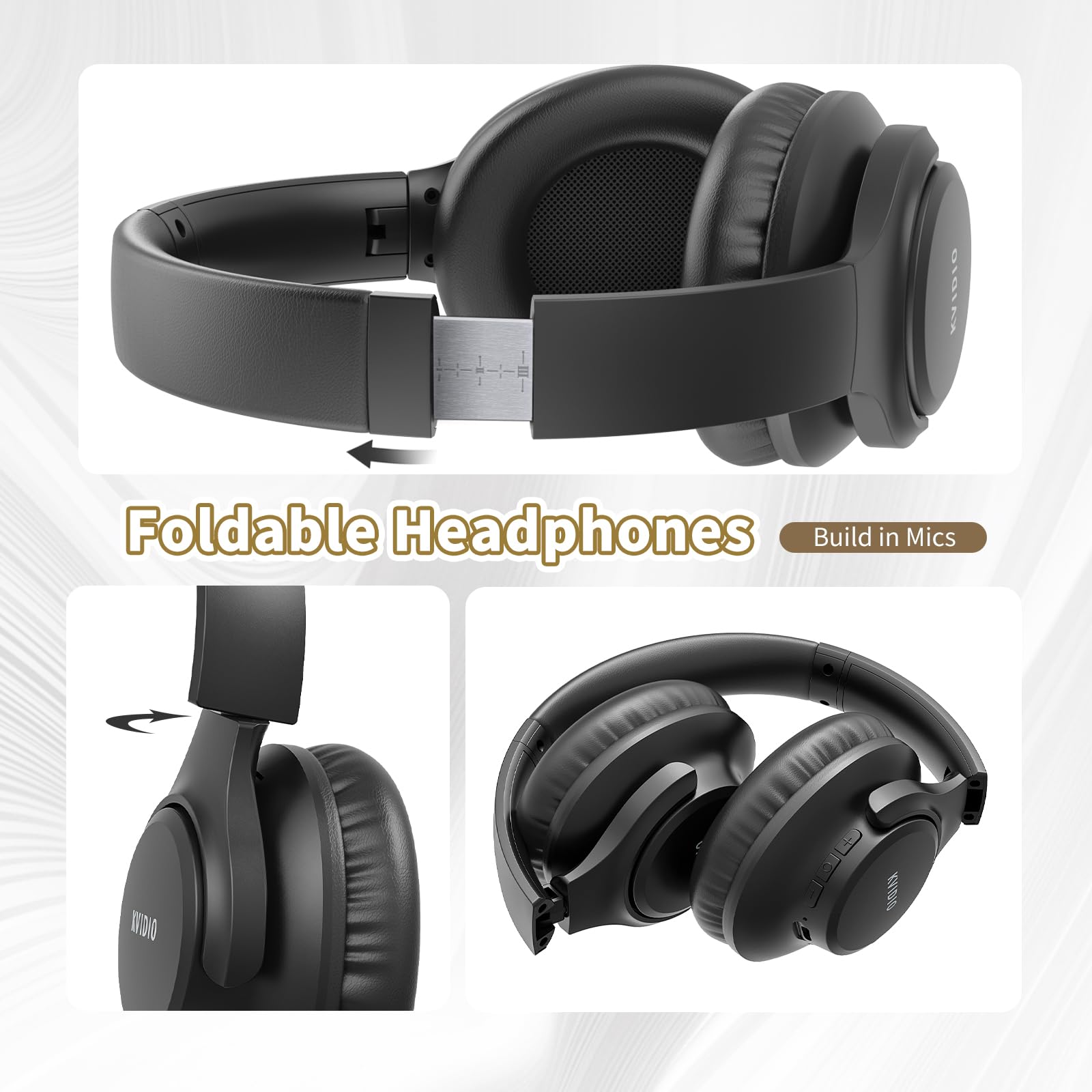 KVIDIO Bluetooth Headphones Over Ear, 65 Hours Wireless Headphones with Microphone, Foldable Lightweight HiFi Stereo Headset with Deep Bass Headphones for Travel Work Laptop PC Cellphone