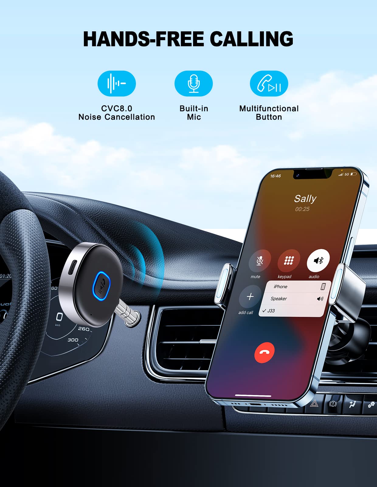 WOCBUY Bluetooth Adapter for Car, 3.5mm AUX Bluetooth Receiver for Music Streaming, Bluetooth 5.0 Wireless Audio Receiver for Car/Home Stereo/Wired Headphones/Speaker, Dual Connection, 12H Playtime - Available at All In One Marketplace Canada