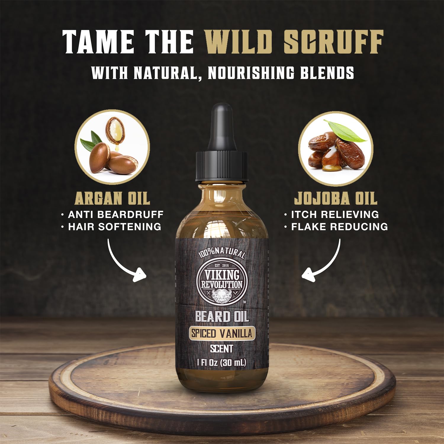 Viking Revolution - Beard Oil - All Natural Beard Oil Men with Argan Oil & Jojoba Oil - Softens, Smooths & Strengthens - Beard Conditioner - Gifts For Men - Spiced Vanilla - 30 ml - Available at All In One Marketplace Canada