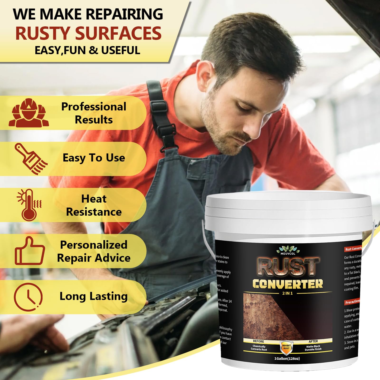 Meuvcol 2-in-1 Rust Converter & Metal Primer, 35 Floz Black Rust Remover Paint For Metal, Ultra Automotive Rust Reformer & Seal, Long-Lasting Rust Preventative Coating, Rust Inhibitor Repair Kit