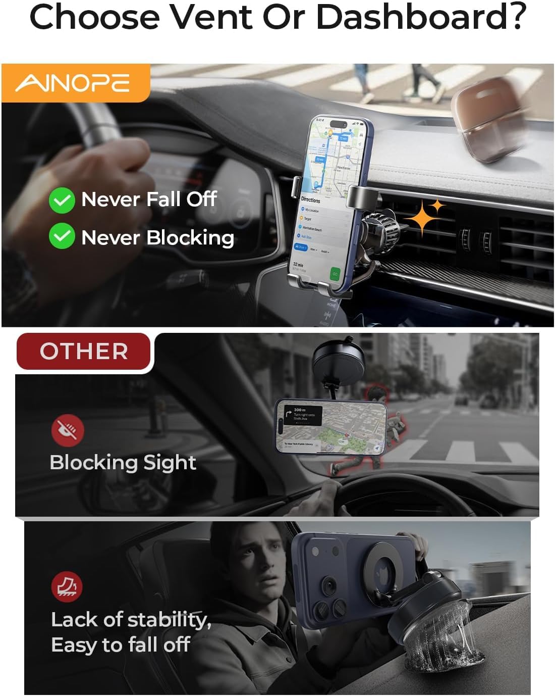 AINOPE Phone Holder for Car Vent【2026 Auto Lock】 Car Phone Holder Mount for Car Accesorries for Women Men Mom, Cell Phone Holder Car Vent Clip Hand Free for All 4-7 Inch iPhone 17 16 Pro Samsung S25 - Available at All In One Marketplace Canada