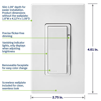 Leviton Decora Smart Dimmer Switch, Wi-Fi, Works with Matter, My Leviton, Alexa, Google Assistant, Apple Home/Siri & Wired or Wire-Free 3-Way, Neutral Wire Required, D36HD-1RW, White