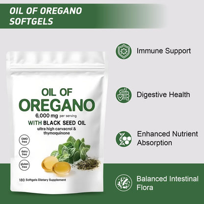Oil of Oregano Softgels 6000mg Per Serving, 2 in 1 Formulated with Black Seed Oil 200mg, 4X Strength Carvacrol & Thymoquinone | Plant Based, Non-GMO & Immune Support (180 Count/1 Bag) - Available at All In One Marketplace Canada