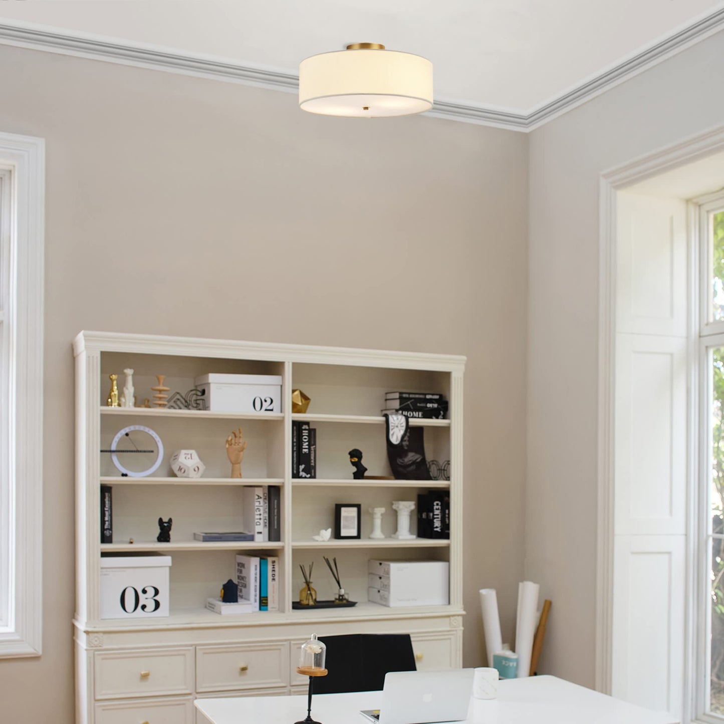 Globe Electric 60998 Kyle 2-Light Flush Mount Ceiling Light, Matte Brass, White Linen Shade Globe Electric