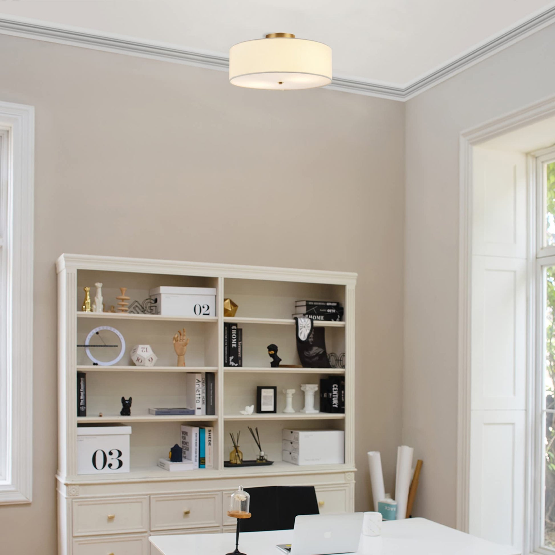 Globe Electric 60998 Kyle 2-Light Flush Mount Ceiling Light, Matte Brass, White Linen Shade Globe Electric