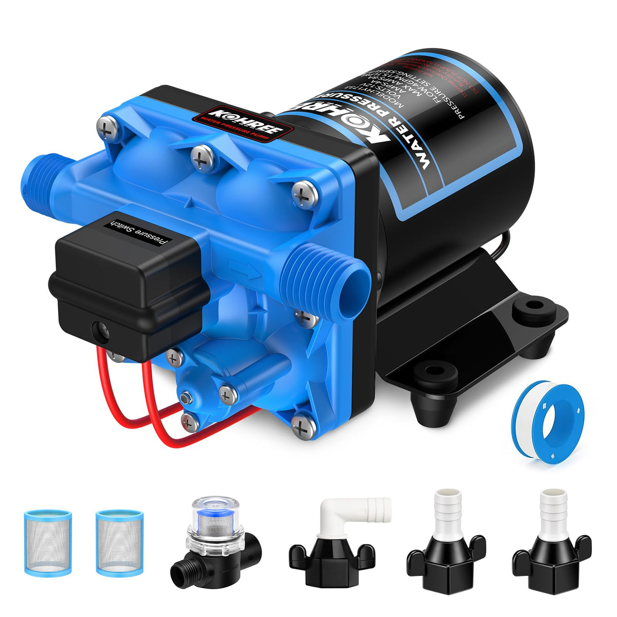 Kohree 12V RV Water Pump 4GPM 55 PSI, Self-Priming 4-Chamber Diaphragm Pump
