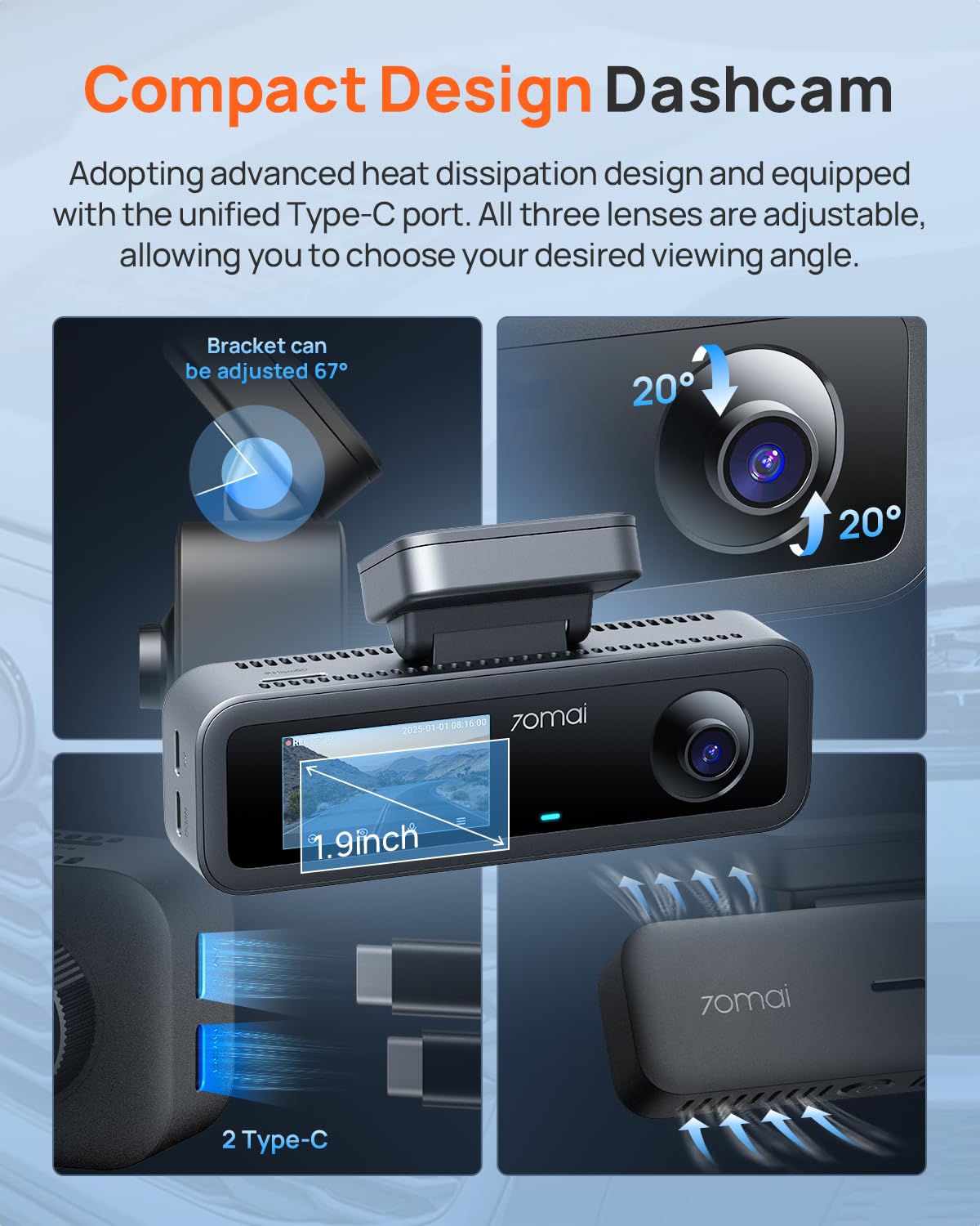 70mai 4K Dash Cam Front and Rear Inside, 3 Channel Car Dash Camera for Cars, Dashcam with GPS, Wi-Fi 6, Voice Control, Parking Monitor, Night Vision, Loop Recording, 64GB SD Card Included (T800E) - Available at All In One Marketplace Canada