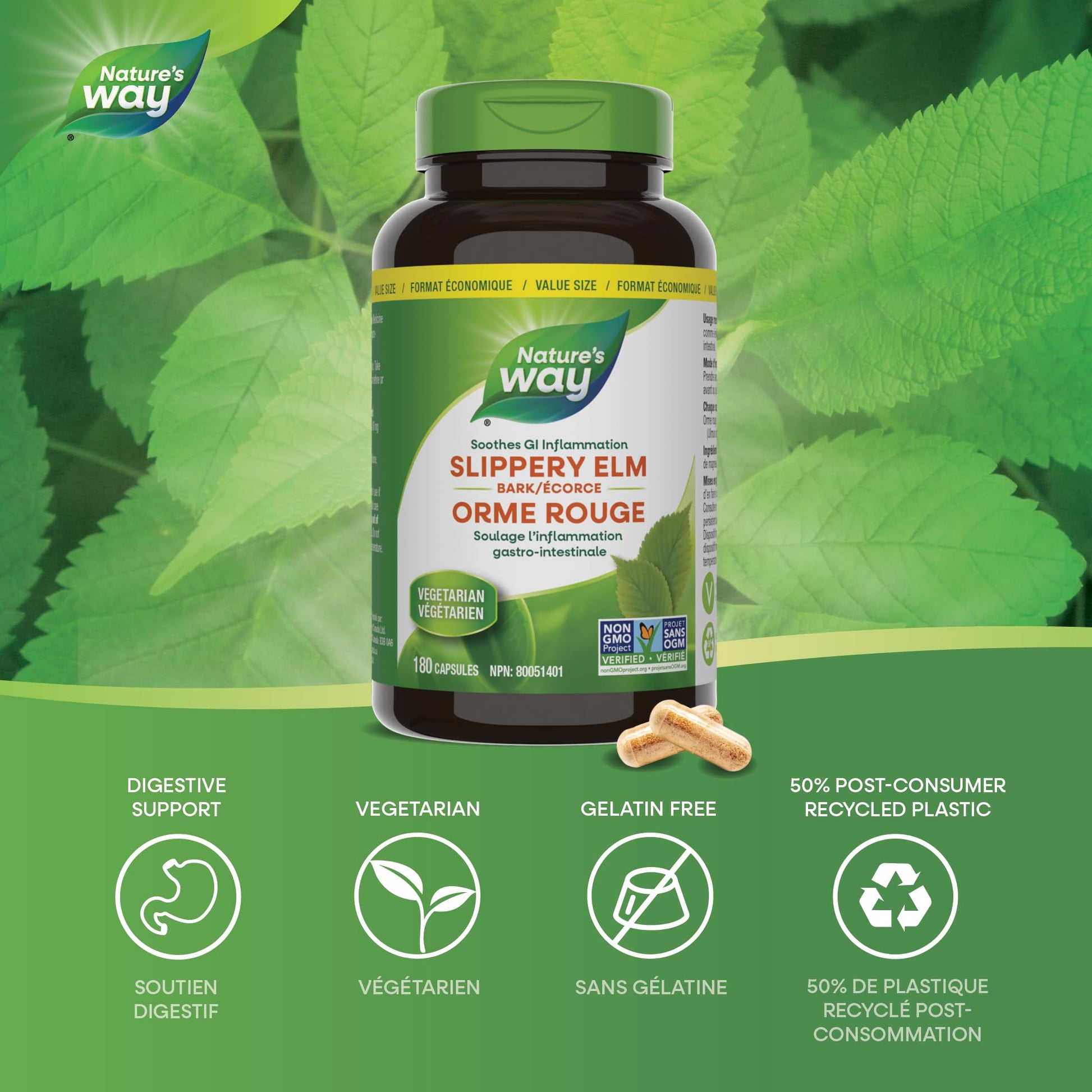 Nature’s Way Slippery Elm Bark – Traditionally Used to Soothe GI Tract Inflammation – Vegetarian, Non-GMO– 180 Capsules Nature's Way