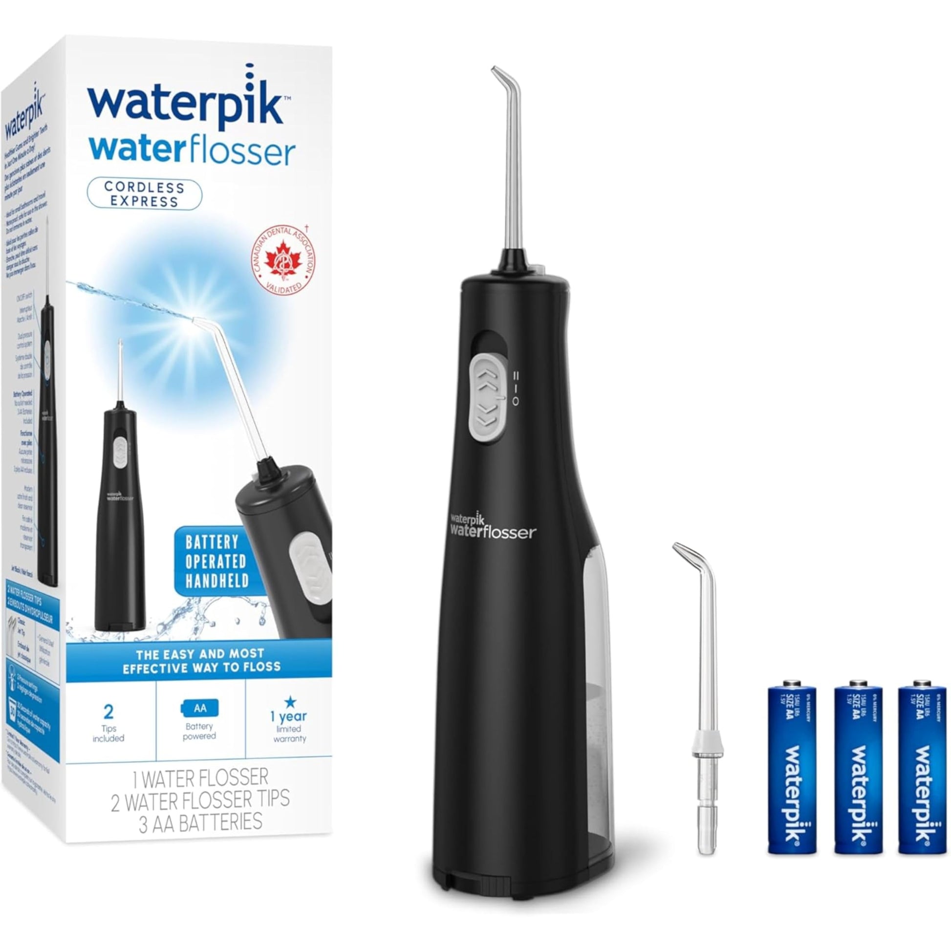 Waterpik Cordless Express Water Flosser, Battery Operated & Portable for Travel & Home, CDA Validated, Waterproof for Shower Use, Black WF-02, Packaging May Vary Waterpik