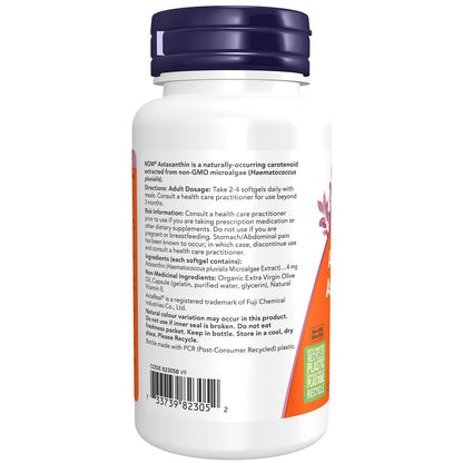 NOW Supplements, Astaxanthin 4 mg derived from Non-GMO Haematococcus Pluvialis Microalgae and has naturally occurring Lutein, Canthaxanthin and Beta-Carotene, 90 Softgels NOW