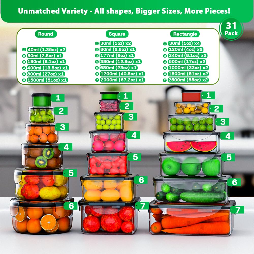 62 Pcs Large Food Storage Containers with Lids Airtight,Total19400ML(31 Containers&31 Lids)- Plastic Food Container for Kitchen Organization - Available at All In One Marketplace Canada