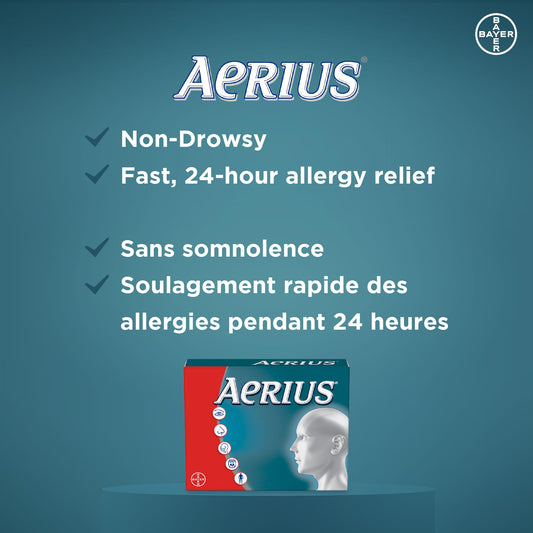 AERIUS Allergy Medicine, Fast Relief, 24-Hour, Non-Drowsy, 15 Symptoms, 70 Tablets - Available at All In One Marketplace Canada