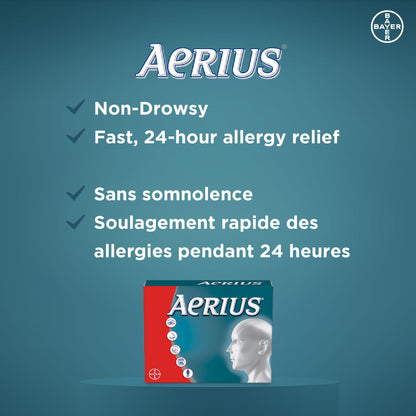AERIUS Allergy Medicine, Fast Relief, 24-Hour, Non-Drowsy, 15 Symptoms, 24 Tablets - Available at All In One Marketplace Canada