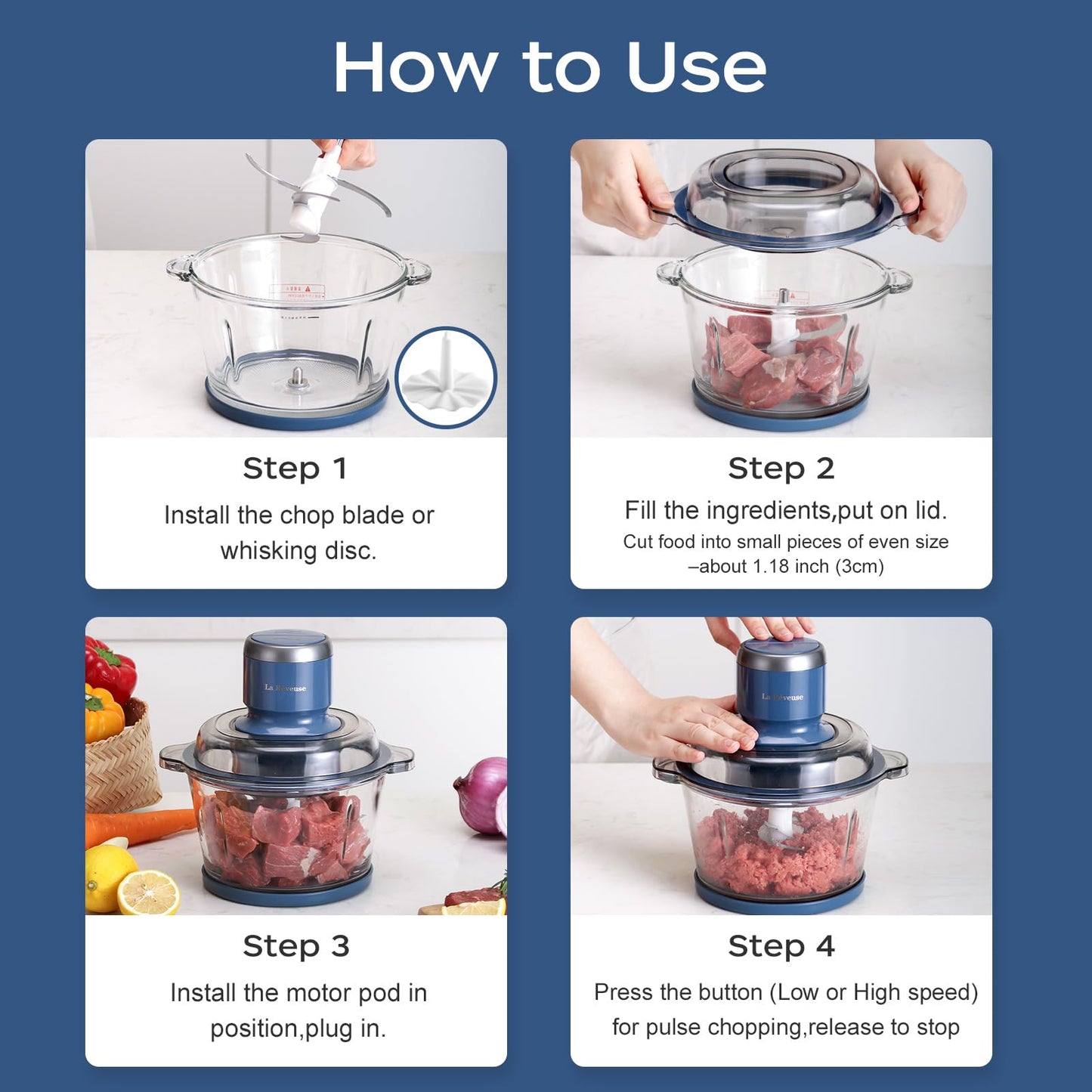 La Reveuse Food Processor,Electric Food Chopper with 7-Cup (1.7L) Glass Bowl, 4 Bi-Level Blades for Chopping,Grinding,Mincing,Whisking,Meal Prep,300W,Blue - Available at All In One Marketplace Canada