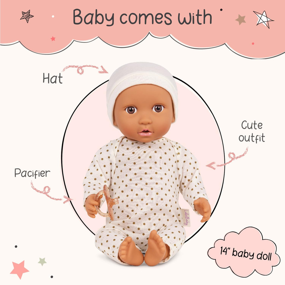 LullaBaby – 14-Inch Realistic Baby Doll – Olive Skin Tone & Brown Eyes – Soft Body & Removable Outfit – Ivory Hat & Pacifier Accessories 2+ Years– Baby Doll – Ivory Polka Dot Pajama