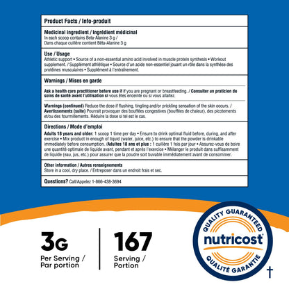Nutricost Beta Alanine Powder (500 Grams) Unflavored - Pre-Workout Supplement, Non-GMO, Gluten-Free - Available at All In One Marketplace Canada