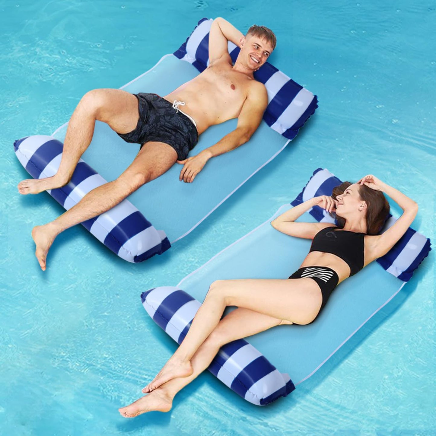 Meegoo Pool Floaties for Adults, 2 Pack Inflatable Water Hammock with Bottom Mesh, Fun Swimming Pool Float Chair, Beach Essentials for Vacation Travel, Heavy Duty Lake Inflatable Lounger Rest