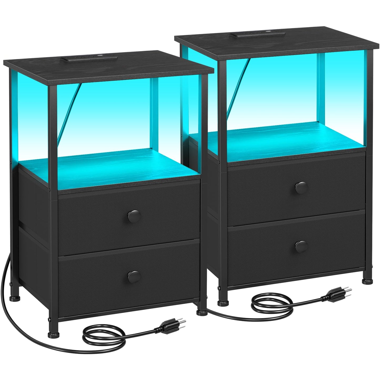LOAKEKEL Night Stands Set 2, Bedside Table with Charging Station and LED Light, Nightstand with 2 AC Outlets and USB Ports, End Table with 2 Fabric Drawers for Bedroom, Living Room, Black, HETS02BK - Available at All In One Marketplace Canada