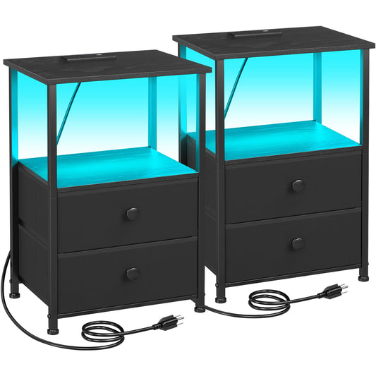 LOAKEKEL Night Stands Set 2, Bedside Table with Charging Station and LED Light, Nightstand with 2 AC Outlets and USB Ports, End Table with 2 Fabric Drawers for Bedroom, Living Room, Black, HETS02BK - Available at All In One Marketplace Canada