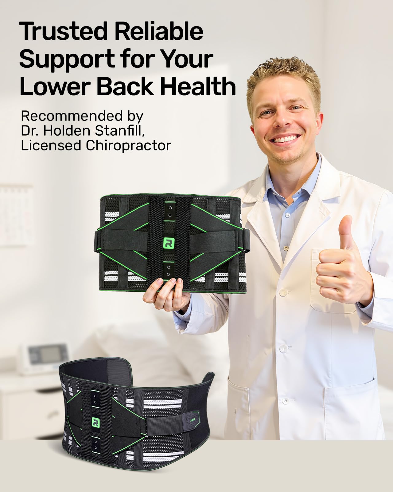 Rakiie Back Brace for Lower Back Pain Relief, 8X Powerful Lumbar Support with 3D Support Pad, Breathable Back Support Belt for Men Women, Green Size L