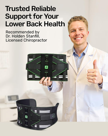 Rakiie Back Brace for Lower Back Pain Relief, 8X Powerful Lumbar Support with 3D Support Pad, Breathable Back Support Belt for Men Women, Green Size L