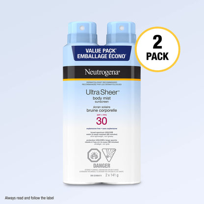 Neutrogena ultra Sheer Body Mist Sunscreen Spray Spf 30 Duo Pack With Uva/uvb Broad Spectrum Sun Protection, lightweight, Water-resistant, Oil-Free, non-comedogenic & Oxybenzone-Free, 2 X, 141 Grams Johnson & Johnson