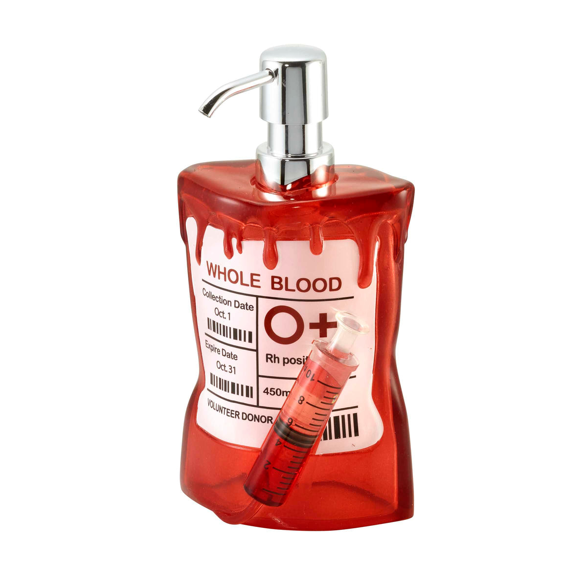 Avanti Linens – Distributeur de savon, pompe à lotion décorative pour comptoir de salle de bain ou de cuisine, décoration d’Halloween en résine peinte à la main (poche de sang)