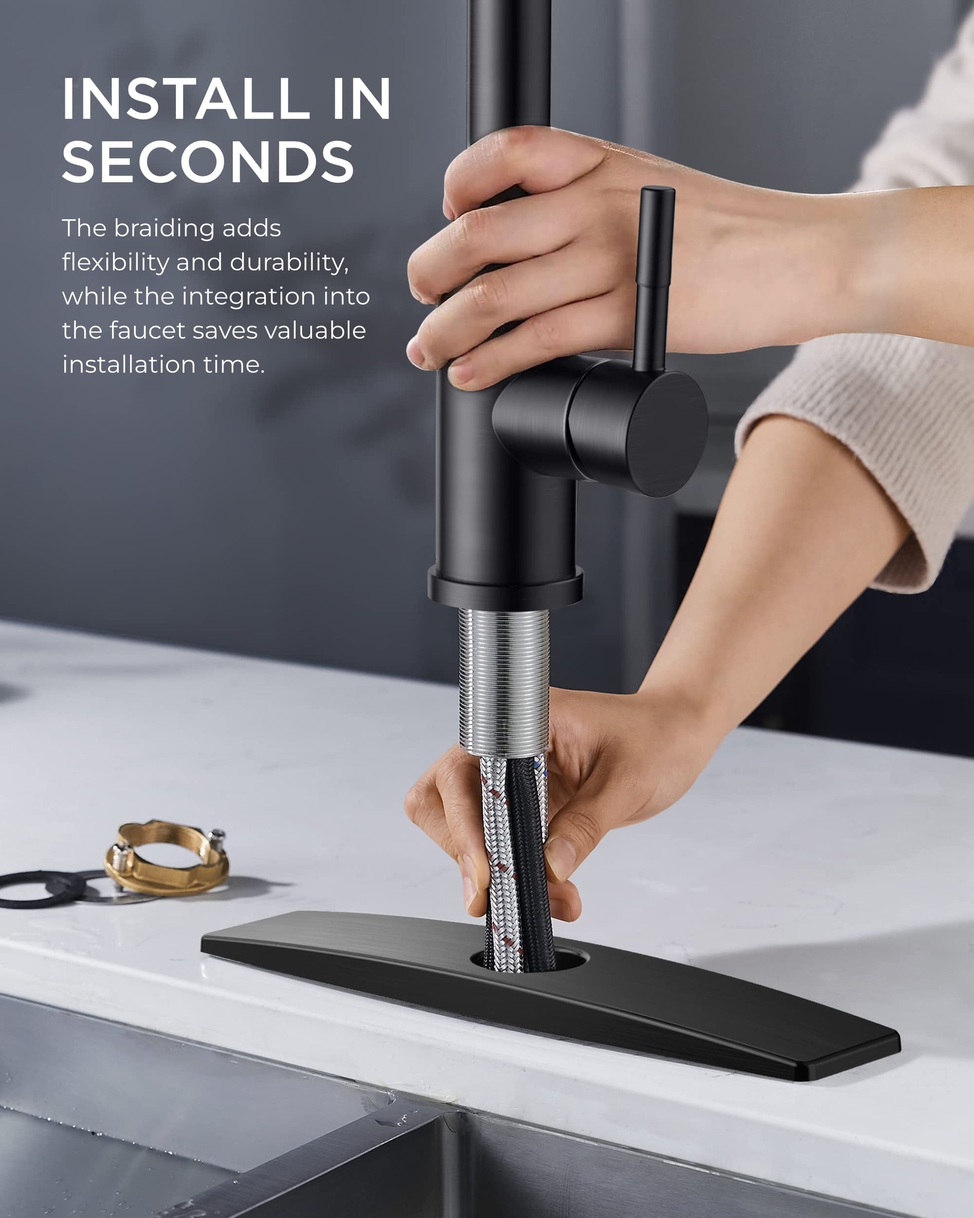 FORIOUS Black Kitchen Faucets with Pull Down Sprayer, Kitchen Sink Faucet with Pull Out Sprayer, Fingerprint Resistant, Single Hole Deck Mount, Single Handle Copper Kitchen Faucet, Matte Black