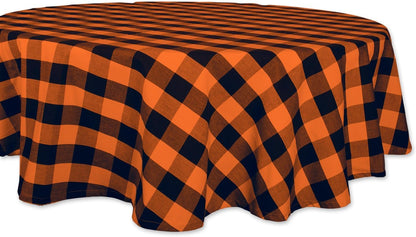 Nappe de table DII 100 % coton, lavable en machine, pour dîner, Halloween, ronde de 178 cm, motif à carreaux vichy orange et noir, pour 4 personnes