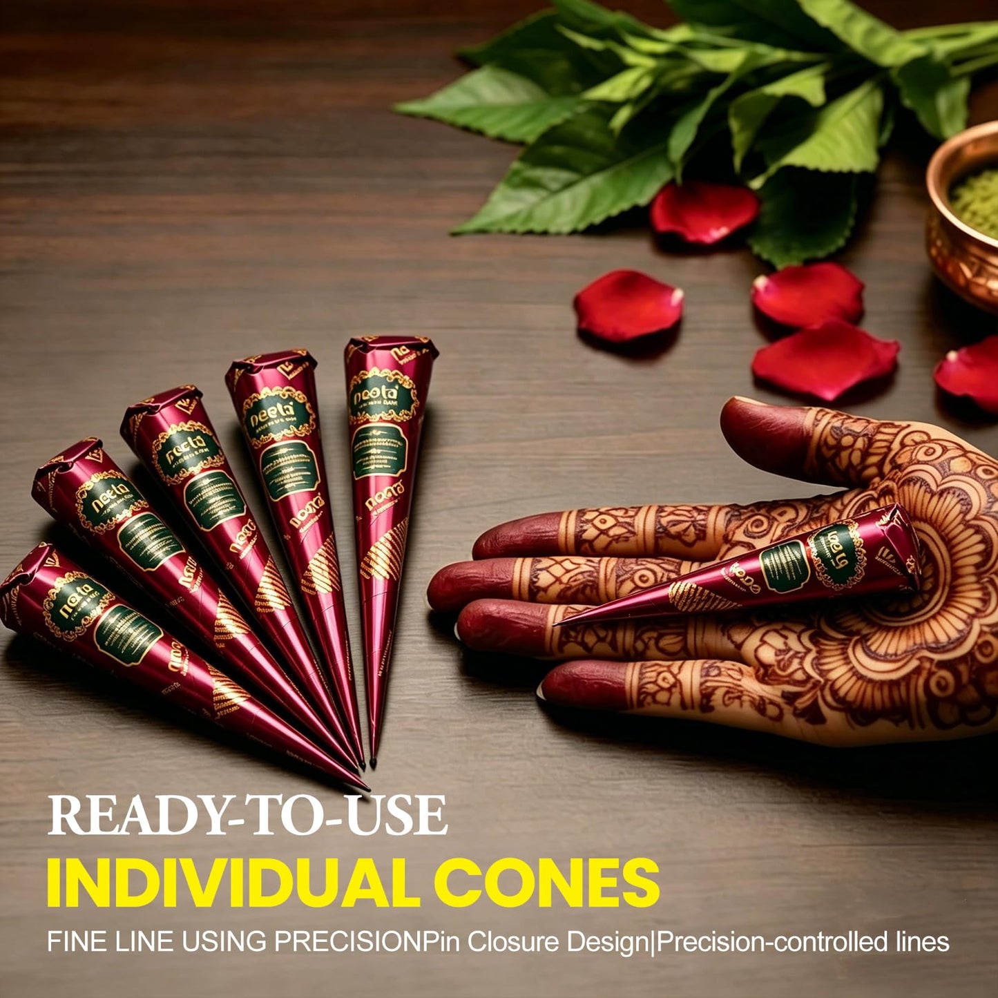 4 Pack Natural Mehendi Cone Henna Paste Temporary Tattoo Paste with 8pcs Tattoo Stencils| Each cone 25 grams | Indian Body Art Painting Drawing Tattoos Freckles (Reddish Brown Color)