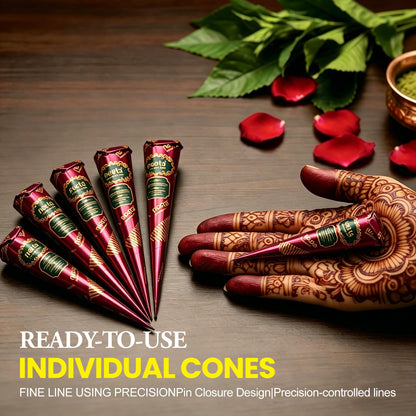 4 Pack Natural Mehendi Cone Henna Paste Temporary Tattoo Paste with 8pcs Tattoo Stencils| Each cone 25 grams | Indian Body Art Painting Drawing Tattoos Freckles (Reddish Brown Color)