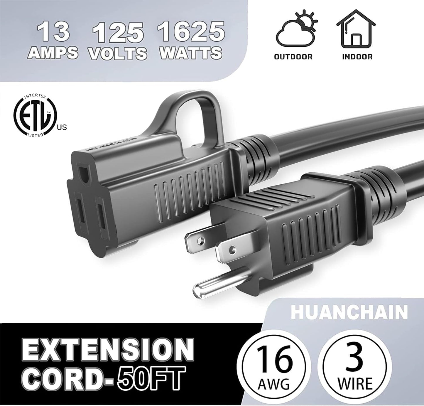 HUANCHAIN Indoor Outdoor Black Extension Cord 50 ft Waterproof, 16/3 Gauge Flexible Resistant Appliance Extension Cord Outside, 13A 1625W 16AWG SJTW, 3 Prong Electric Cable, ETL