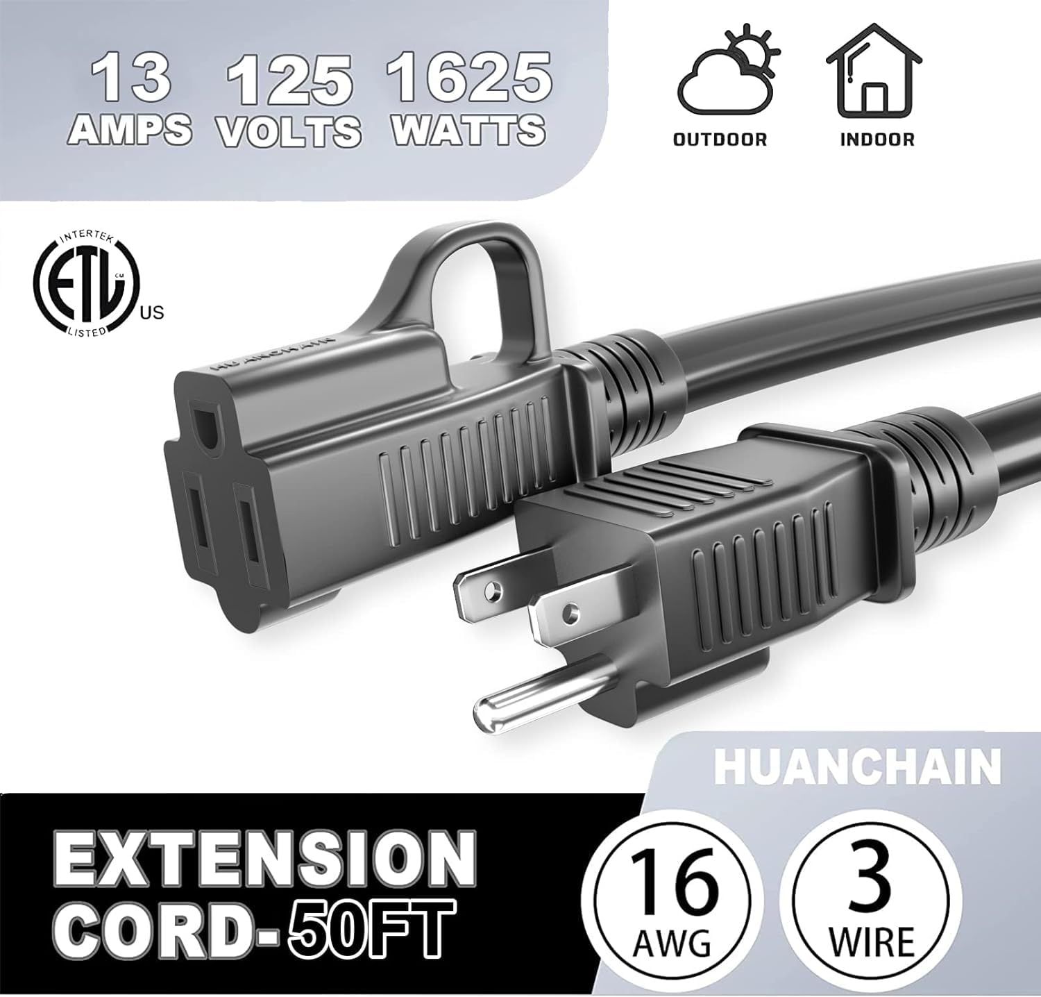 HUANCHAIN Indoor Outdoor Black Extension Cord 50 ft Waterproof, 16/3 Gauge Flexible Resistant Appliance Extension Cord Outside, 13A 1625W 16AWG SJTW, 3 Prong Electric Cable, ETL