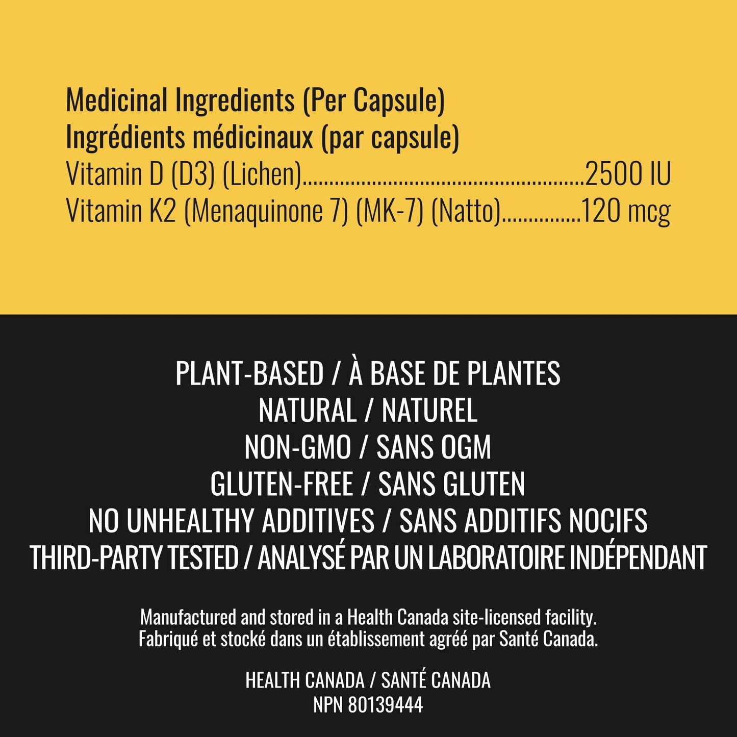 Vitamin D3 K2 Supplement - 2500 IU D3, 120 mcg K2 MK7 x 124 Capsules - Plant-Based, Vegan - Prevents Deficiency, Supports Bone Health in Women and Men - Made in Canada, Third-Party Tested - Nutritionn