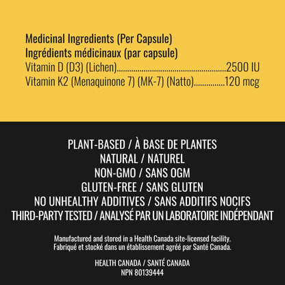 Vitamin D3 K2 Supplement - 2500 IU D3, 120 mcg K2 MK7 x 124 Capsules - Plant-Based, Vegan - Prevents Deficiency, Supports Bone Health in Women and Men - Made in Canada, Third-Party Tested - Nutritionn