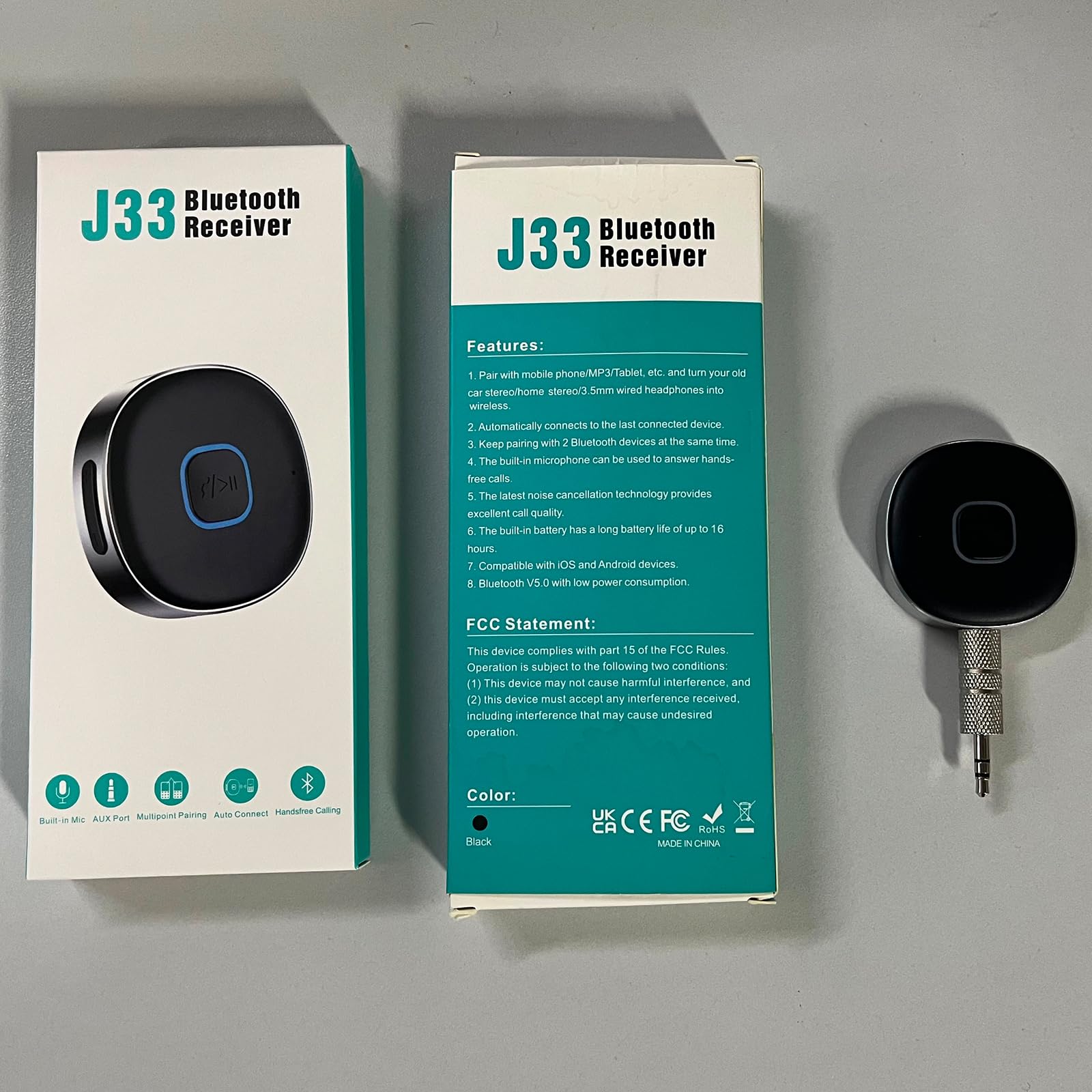 WOCBUY Bluetooth Adapter for Car, 3.5mm AUX Bluetooth Receiver for Music Streaming, Bluetooth 5.0 Wireless Audio Receiver for Car/Home Stereo/Wired Headphones/Speaker, Dual Connection, 12H Playtime - Available at All In One Marketplace Canada