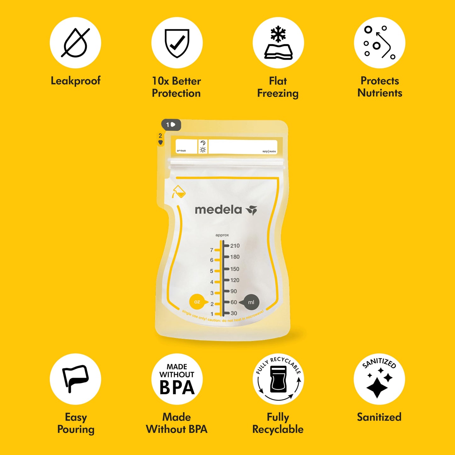 Medela Easy Pour Disposable Breast Milk Storage Bags, 7 oz/210 ml Capacity, Leakproof Design with Milk Protection, Made Without BPA, Pack of 200