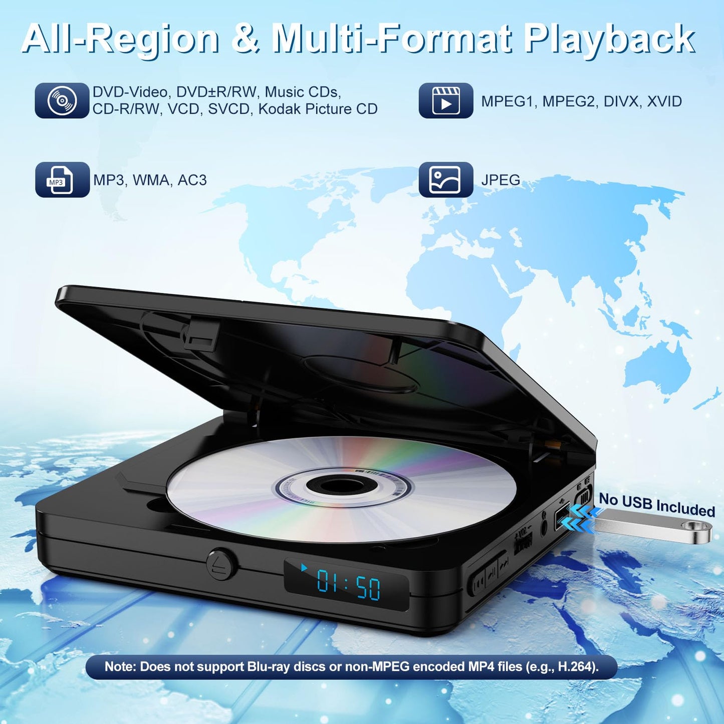 Homlab Mini DVD Player with Remote Control - All Region Free 1080P HD Small Compact CD DVD Player for Smart TV & Projector, Features HDMI Output, Headphone Jack, USB 2.0 Input, PAL/NTSC Support Homlab