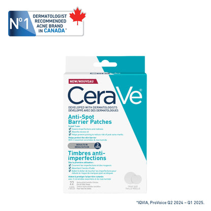 CeraVe Spot Barrier Patches, Hydrocolloid Acne Spot Patch with Niacinamide & 3 Essential Ceramides, Invisible on All Skin Tones, for Acne-Prone & Sensitive Skin, 22 count - Available at All In One Marketplace Canada