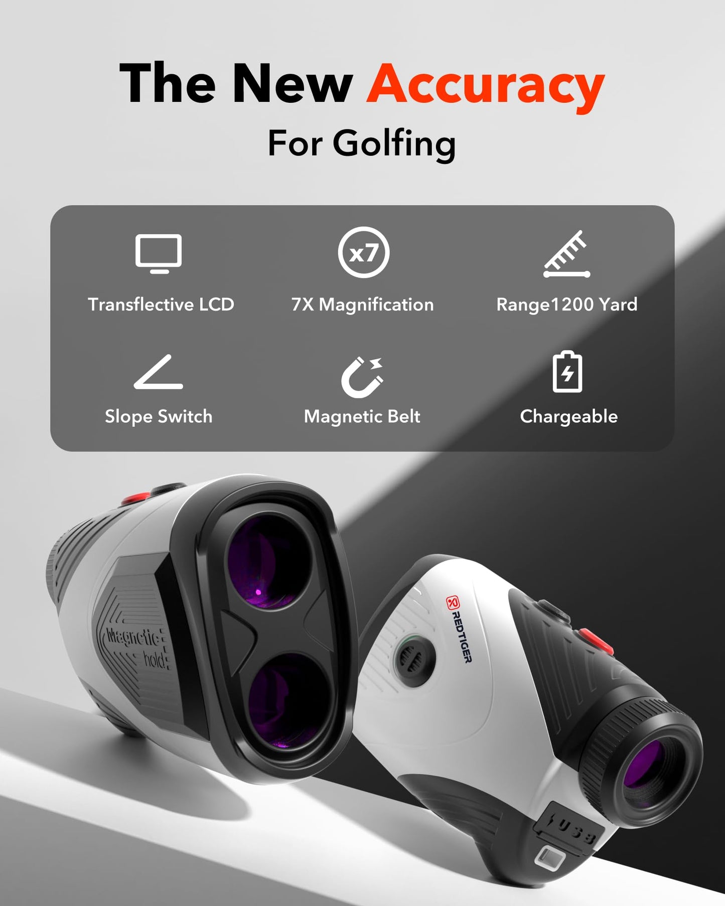 REDTIGER 1200 Yards Golf Range Finder with Slope, 7X Magnification Golf Rangefinder, IP54 Waterproof, Fast Flag Pole Locking Vibration, Rechargeable Laser Rangefinder Golfing with Magnet Stripe