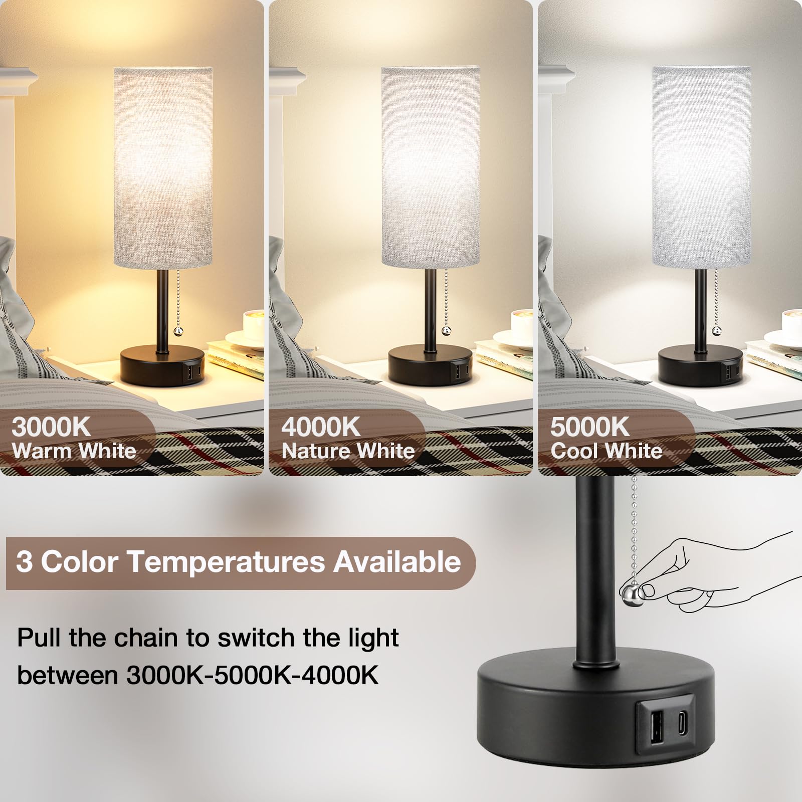 Grey Bedside Lamp for Bedroom Set of 2 - Nightstand Table Lamp with USB A + C Charging Port, 3 Color Temperatures Pull Chain Night Stand Light with Bulb, Side Table Desk Reading Lamp for Living Room - Available at All In One Marketplace Canada